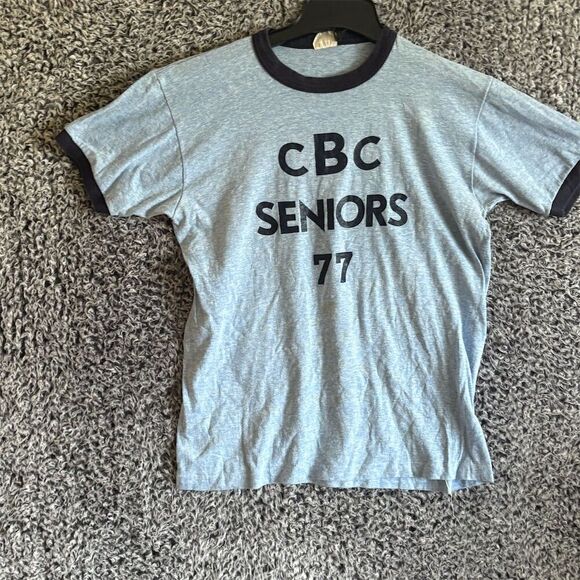 Vintage CBC Seniors 77 Blue Ringer T-Shirt Men's Size 42 Graphic Print - Picture 2 of 6